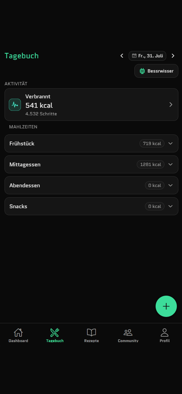 bessr App: erfasste Mahlzeiten eines Tages